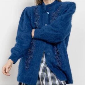 Vintage Lee Sands Angora Rabbit Beaded Floral Embroidered Fuzzy Cardigan Blue